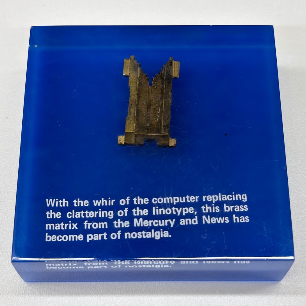 Vintage Mercury and News Linotype Brass Matrix Blue Acrylic Paperweight Display